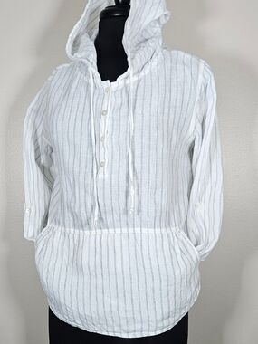 C&C California Striped Linen Hoodie Optional Roll Up Sleeve Kangaroo Pocket S